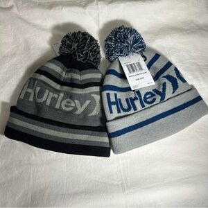 Hurley Ragland Beanie 2 Pair Blue Gray Caps Pom-Pom Top Black 3 Tone Hats